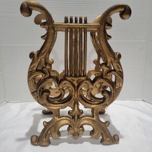 Vintage Gold color cast metal Lyre Harp magazine rack Hollywood Regency Decor